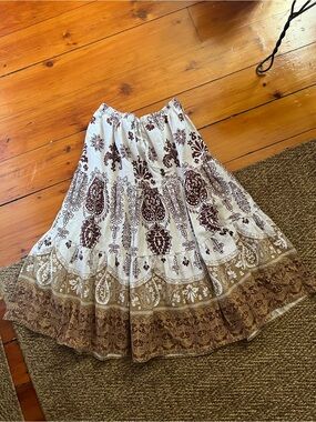 Women's Brown & Cream Boho Tiered Midi Skirt